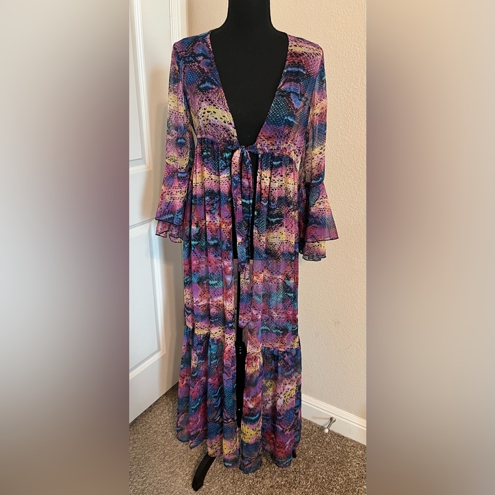 NWT Spoon Jeans SZ S Boho Chic Sheer Colorful Maxi Cover Up Ruffles Tie Front